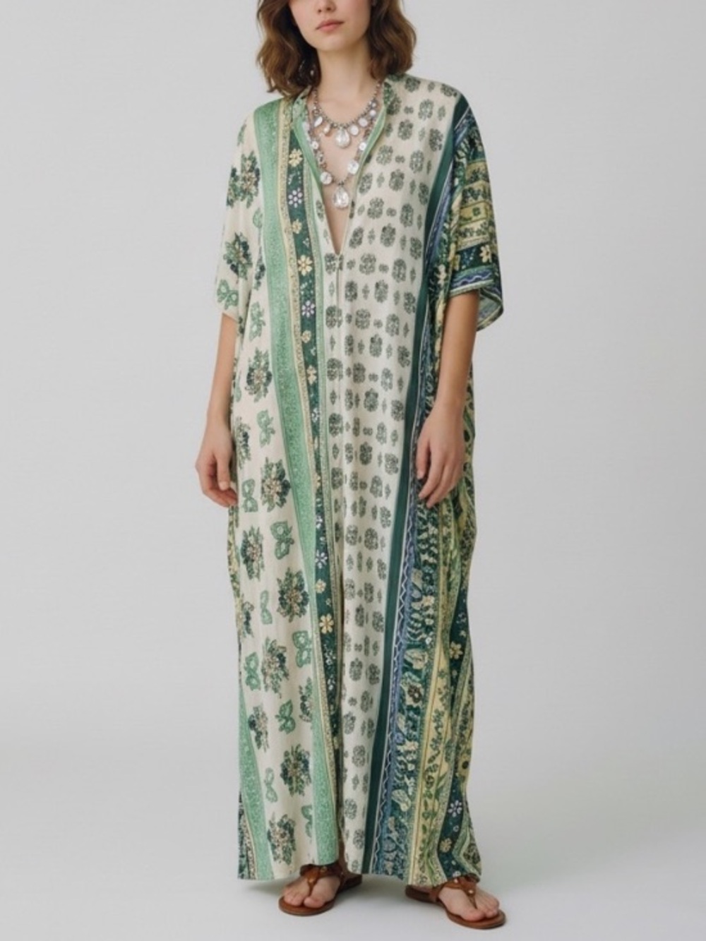 Vintage 70s Miss Bernie’s Kaftan Sage Green Floral Bow print grandmacore mumu